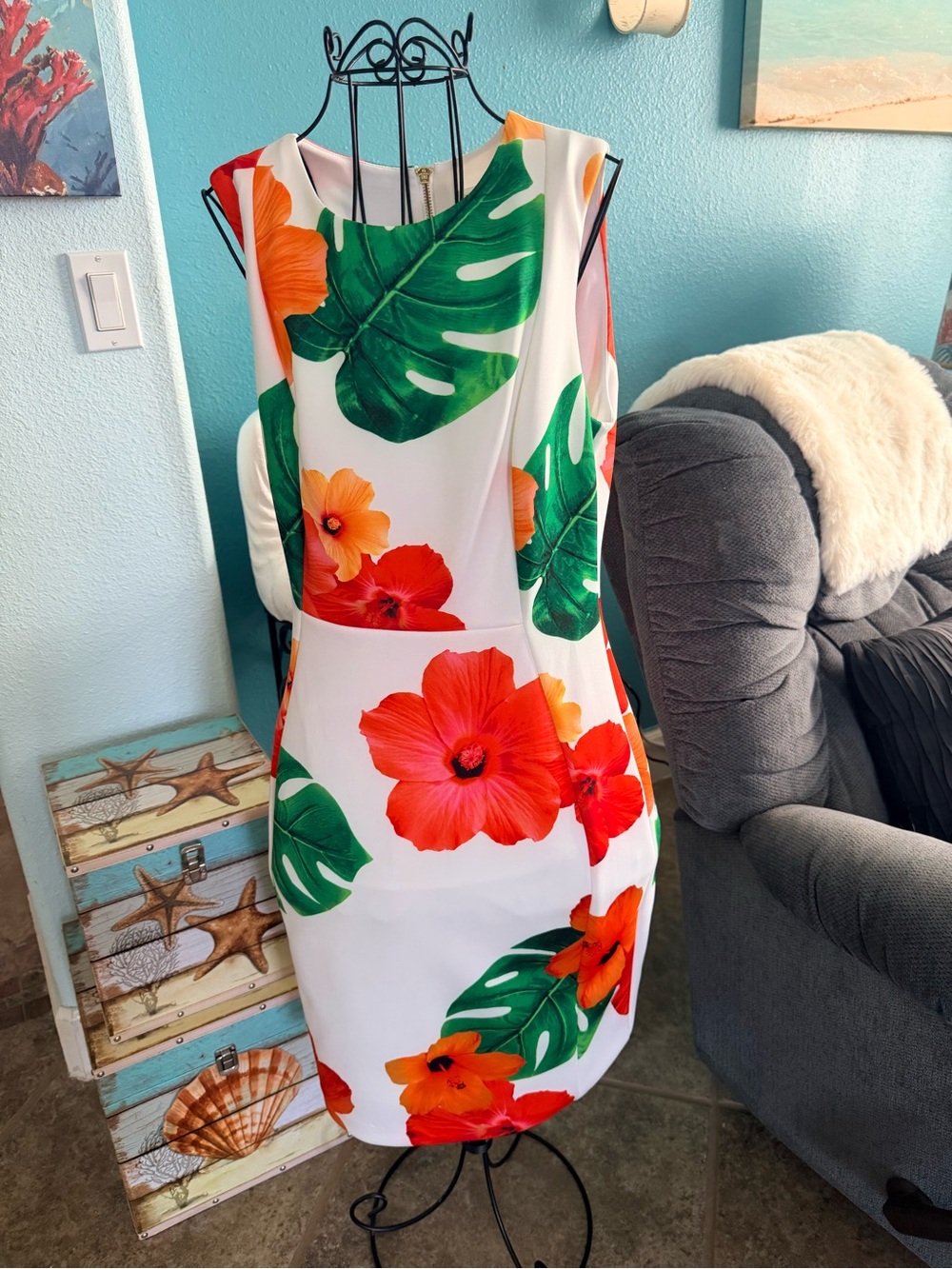 Calvin Klein White Midi Dress with Red & Orange Floral Print